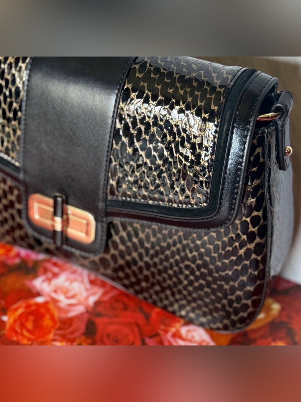 BRAHMIN Nerida Shoulder Bag Black Cavatica Leather Gold Black Snake Patent $355